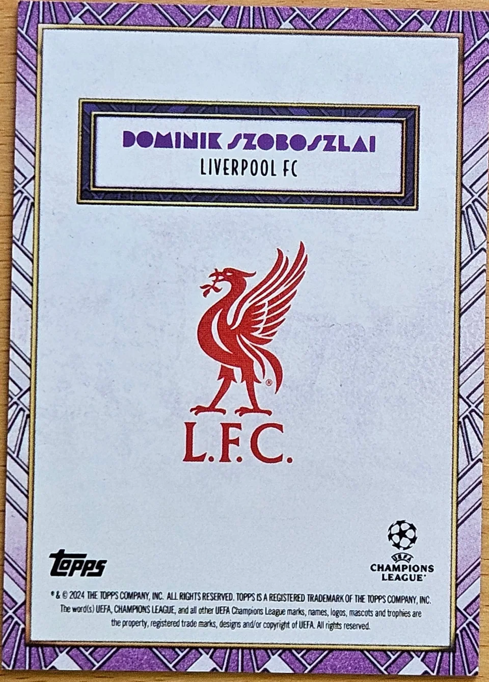 Back of Dominik Szoboszlai's 2024 Topps Deco UEFA Champions League card