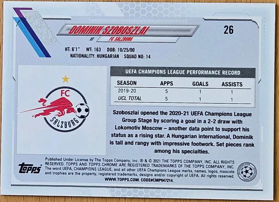 Back of Dominik Szoboszlai's 2019–20 Topps Chrome UEFA Champions League card