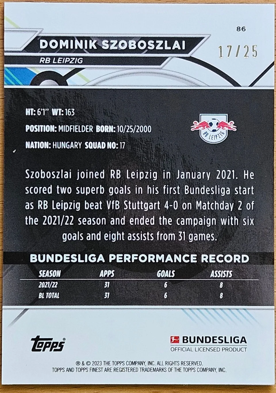 Back of Dominik Szoboszlai's 2022–23 Topps Finest Bundesliga card