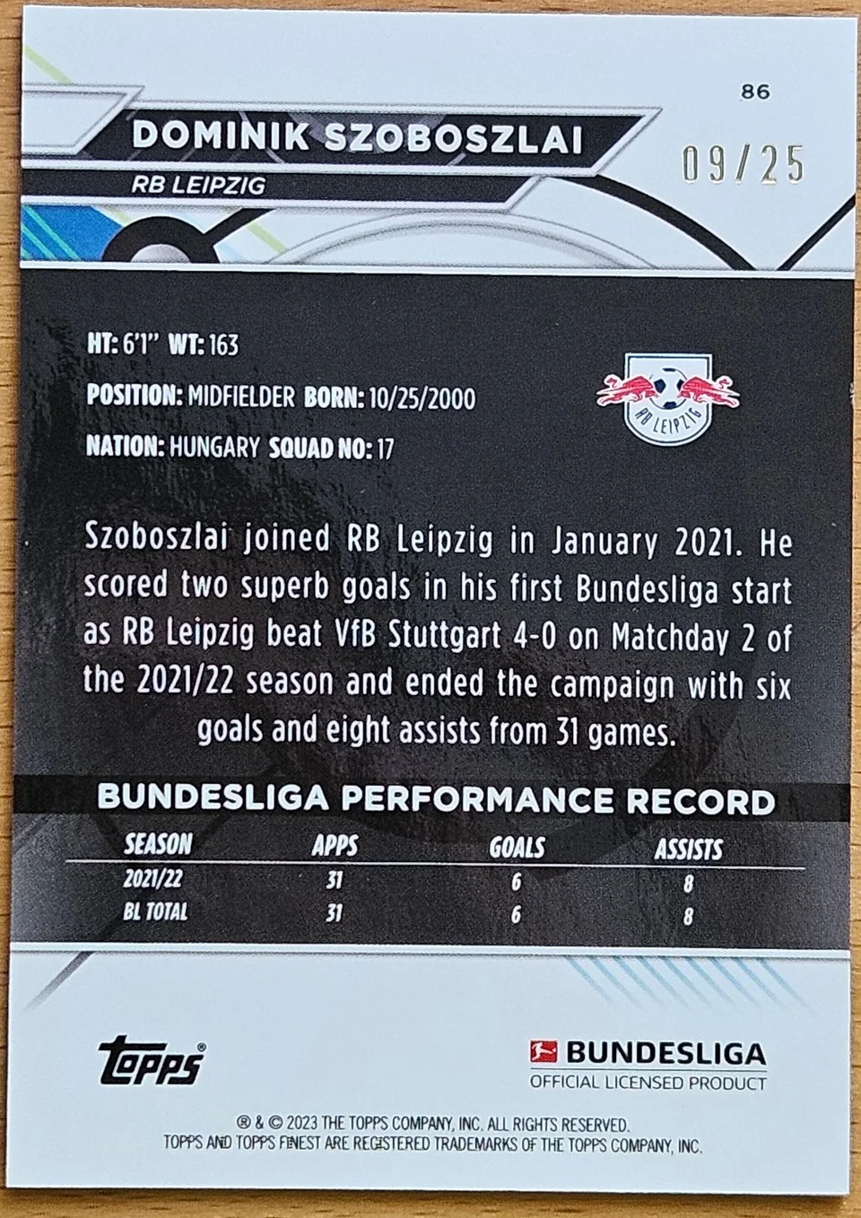 Back of Dominik Szoboszlai's 2022–23 Topps Finest Bundesliga card