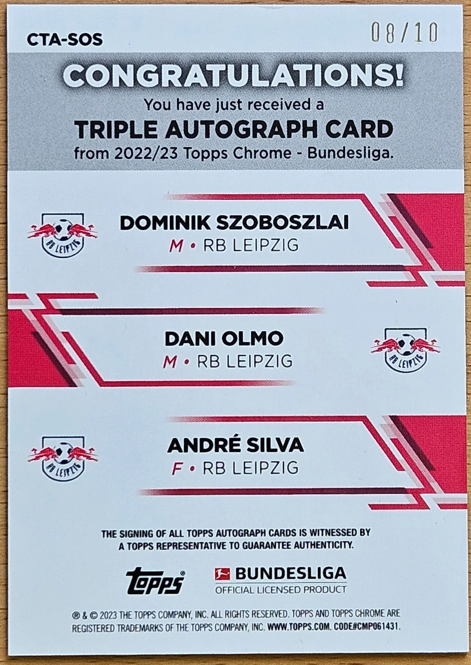 Back of Dominik Szoboszlai's 2022–23 Topps Chrome Bundesliga card