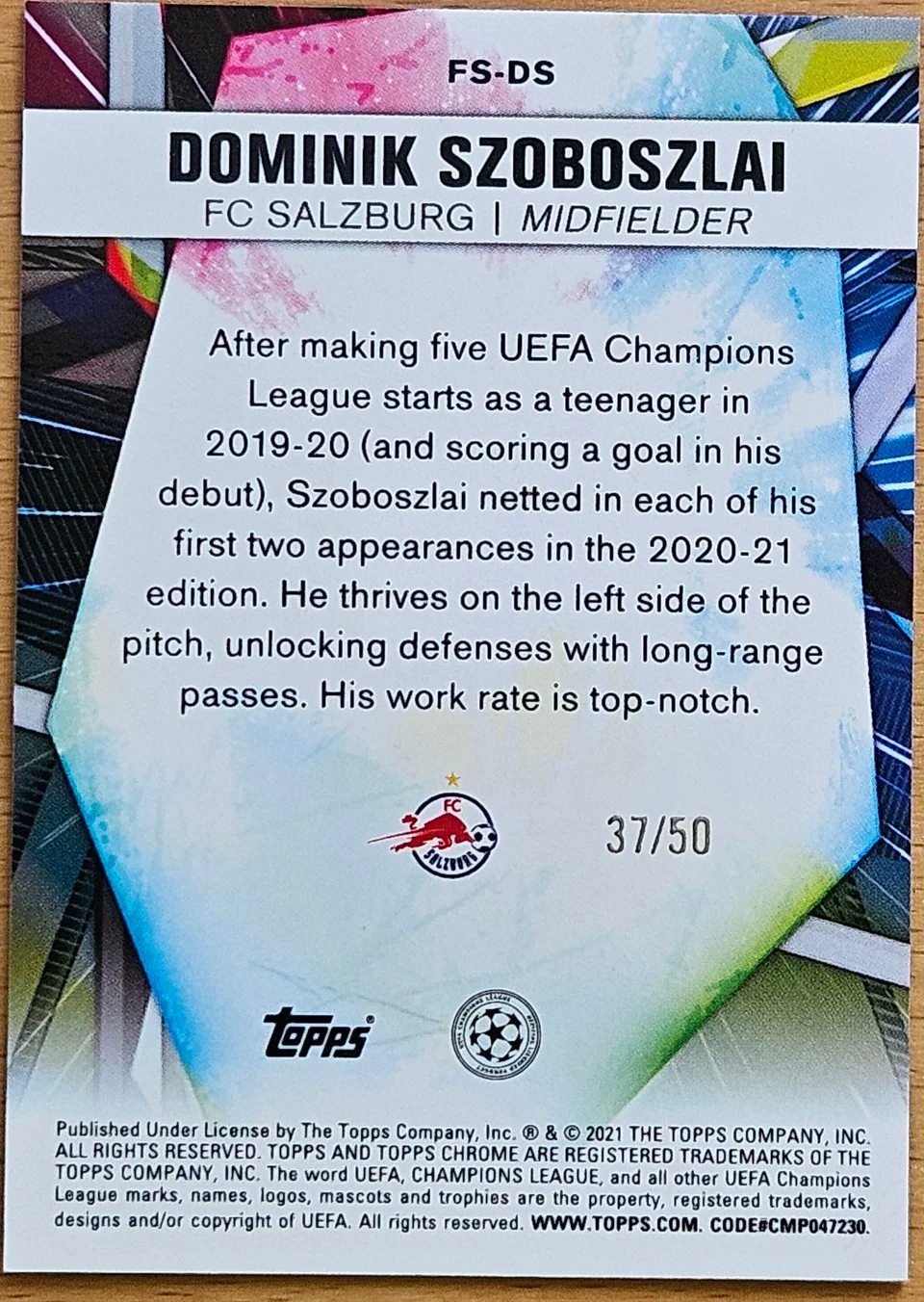 Back of Dominik Szoboszlai's 2020–21 Topps Chrome UEFA Champions League card