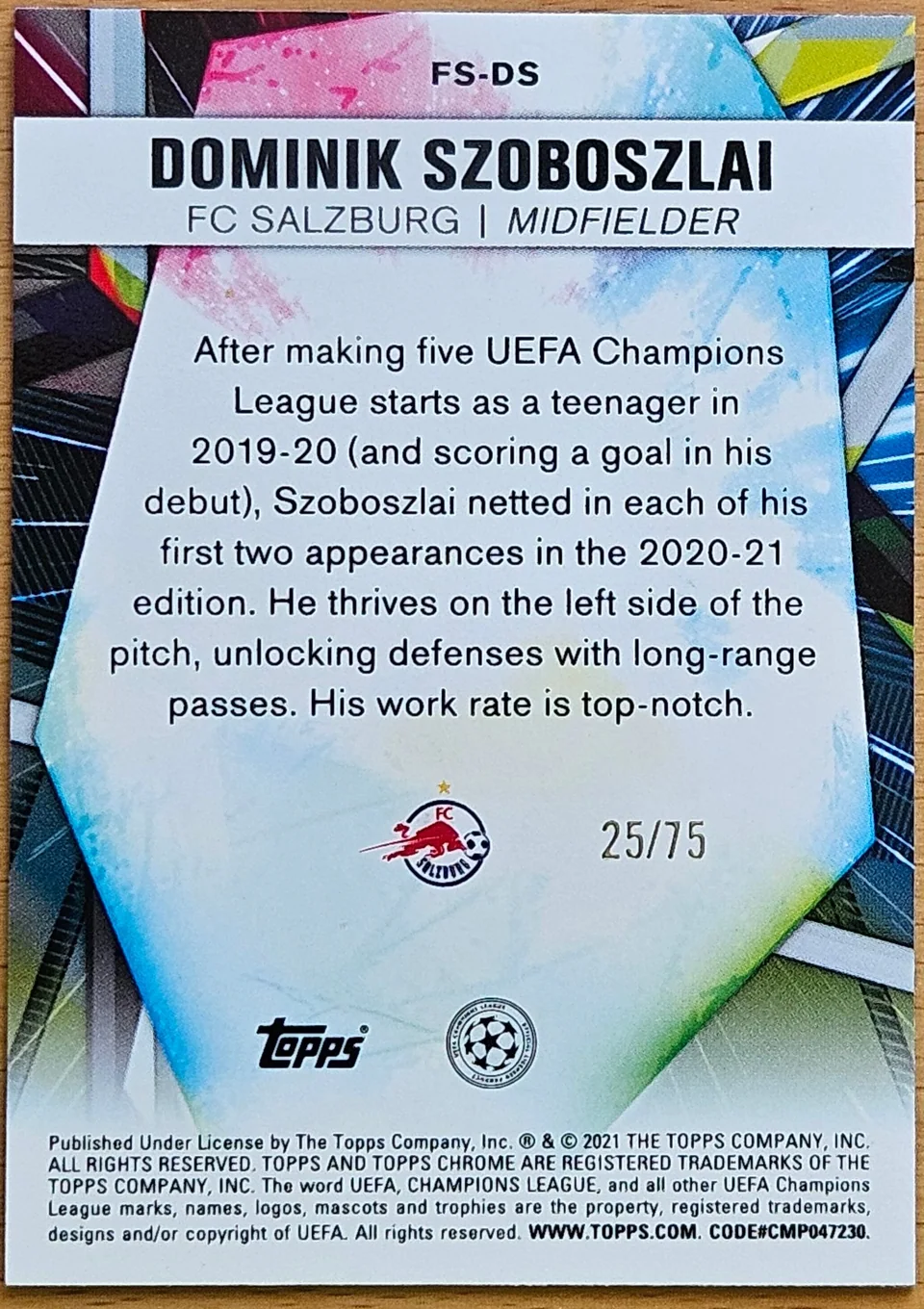 Back of Dominik Szoboszlai's 2020–21 Topps Chrome UEFA Champions League card