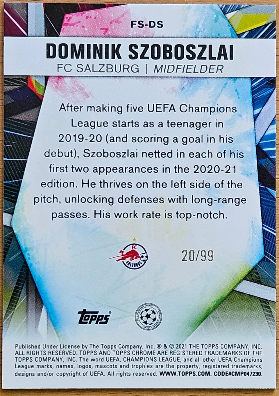 Back of Dominik Szoboszlai's 2020–21 Topps Chrome UEFA Champions League card