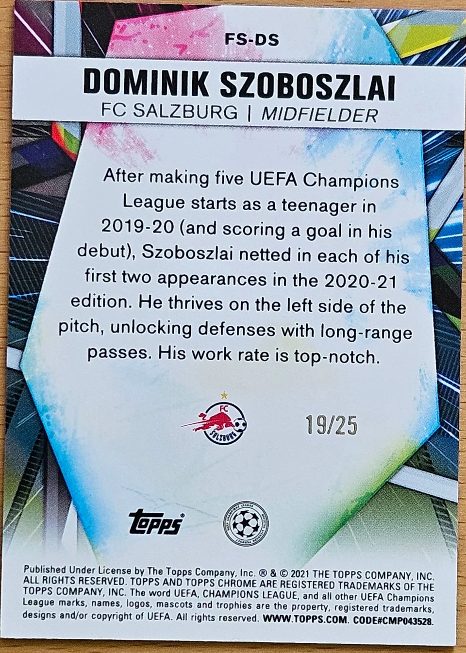 Back of Dominik Szoboszlai's 2020–21 Topps Chrome UEFA Champions League card