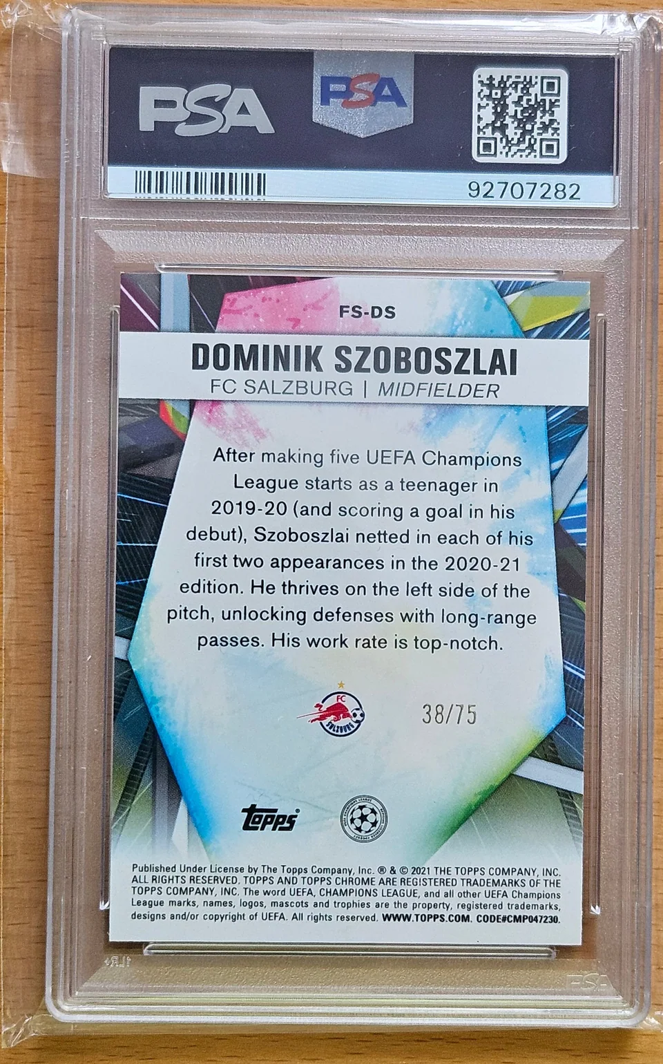 Back of Dominik Szoboszlai's 2020–21 Topps Chrome UEFA Champions League card