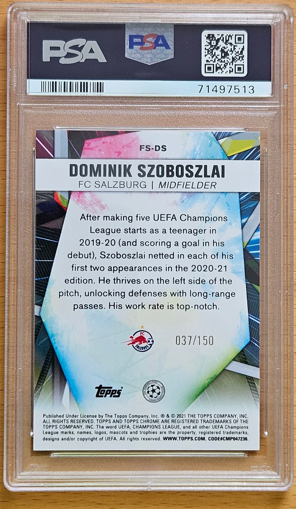 Back of Dominik Szoboszlai's 2020–21 Topps Chrome UEFA Champions League card