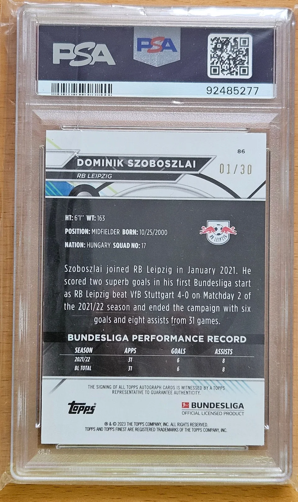 Back of Dominik Szoboszlai's 2022–23 Topps Finest Bundesliga card